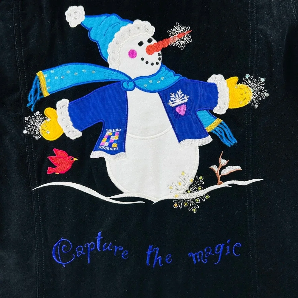 Quacker Factory Black Velvet Snowman Jacket Beaded Snowflake Christmas Large